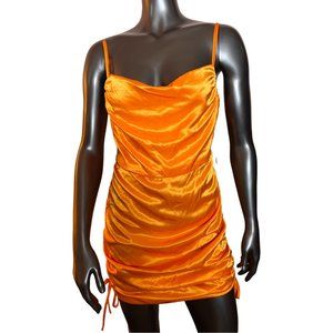 NWT Shiny Spaghetti Strap Orange Satin Dress w/ Drawstring Rouched Sides